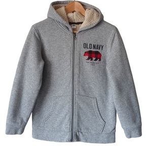 OLD NAVY BOYS SHERPA LINED FULL-ZIP LOGO HOODIE. SIZE XL 14 -16. COLOR GRAY.